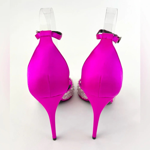 New GUCCI Crystal GG Embellished Hot Pink Fuchsia Satin Heel Sandal Ankle Strap - Picture 9 of 14